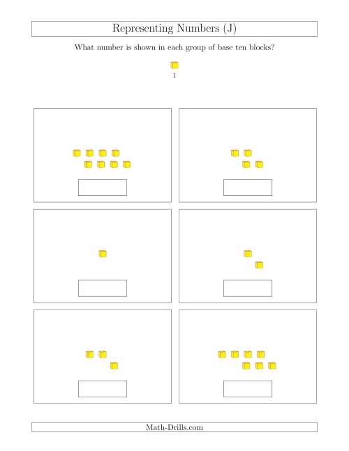 The Representing Numbers to 9 with Base Ten Blocks (J) Math Worksheet