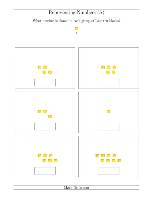 The Representing Numbers to 9 with Base Ten Blocks (All) Math Worksheet