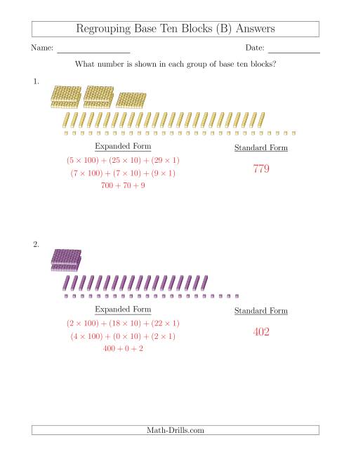 The Representing Numbers with Base Ten Blocks that Require Regrouping (No Thousands and Expanded Form Answers) (B) Math Worksheet Page 2