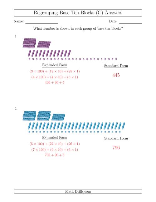 The Representing Numbers with Base Ten Blocks that Require Regrouping (No Thousands and Expanded Form Answers) (C) Math Worksheet Page 2