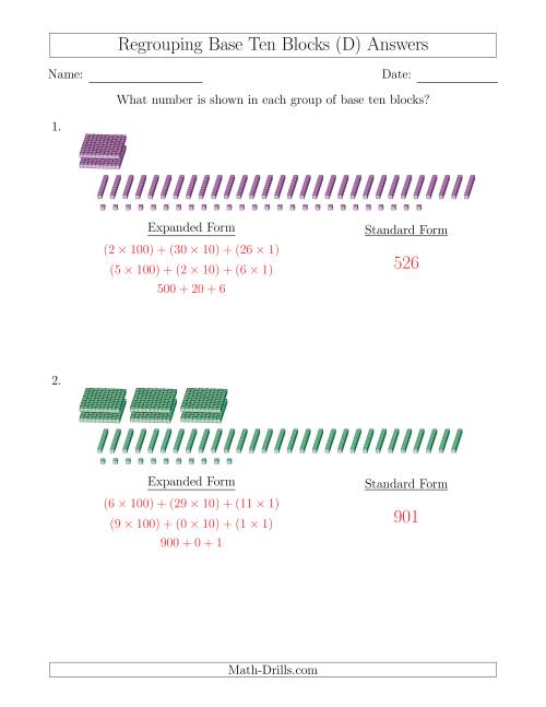 The Representing Numbers with Base Ten Blocks that Require Regrouping (No Thousands and Expanded Form Answers) (D) Math Worksheet Page 2