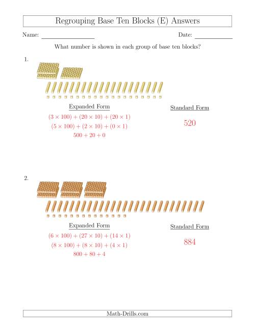 The Representing Numbers with Base Ten Blocks that Require Regrouping (No Thousands and Expanded Form Answers) (E) Math Worksheet Page 2