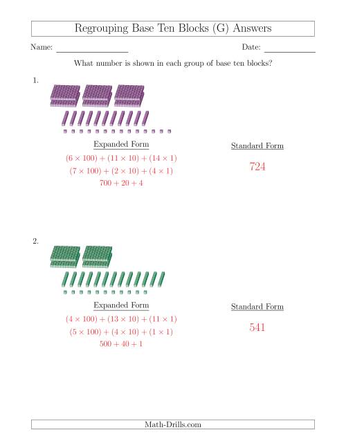 The Representing Numbers with Base Ten Blocks that Require Regrouping (No Thousands and Expanded Form Answers) (G) Math Worksheet Page 2