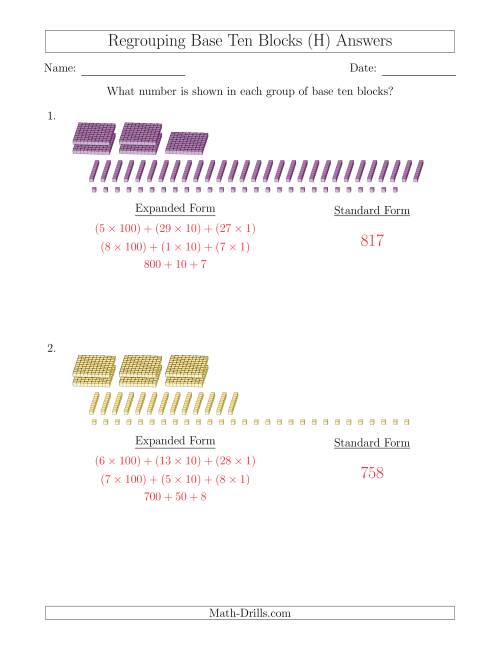 The Representing Numbers with Base Ten Blocks that Require Regrouping (No Thousands and Expanded Form Answers) (H) Math Worksheet Page 2