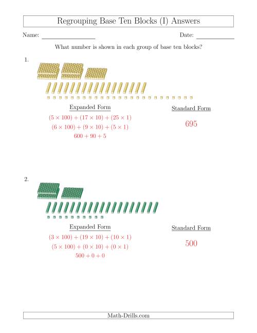 The Representing Numbers with Base Ten Blocks that Require Regrouping (No Thousands and Expanded Form Answers) (I) Math Worksheet Page 2