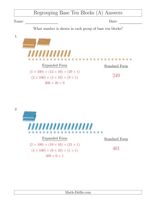 The Representing Numbers with Base Ten Blocks that Require Regrouping (No Thousands and Expanded Form Answers) (All) Math Worksheet Page 2