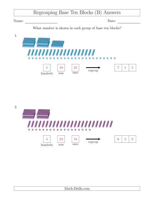 The Representing Numbers with Base Ten Blocks that Require Regrouping (No Thousands) (B) Math Worksheet Page 2