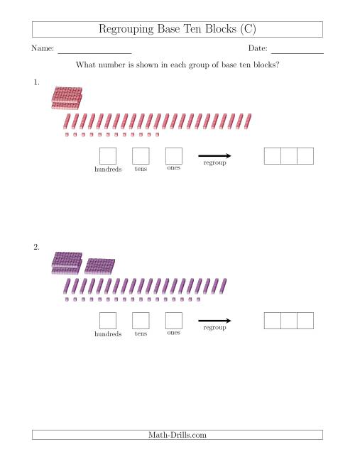 The Representing Numbers with Base Ten Blocks that Require Regrouping (No Thousands) (C) Math Worksheet
