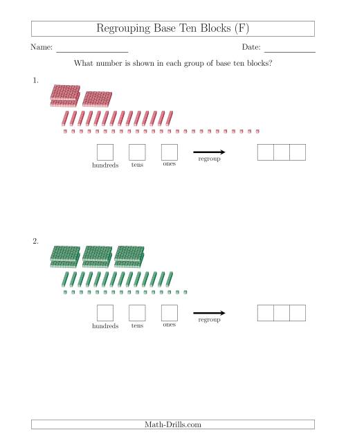 The Representing Numbers with Base Ten Blocks that Require Regrouping (No Thousands) (F) Math Worksheet