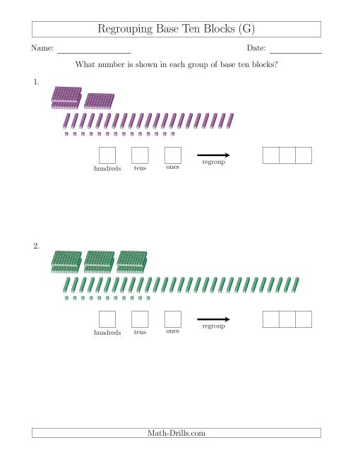 The Representing Numbers with Base Ten Blocks that Require Regrouping (No Thousands) (G) Math Worksheet