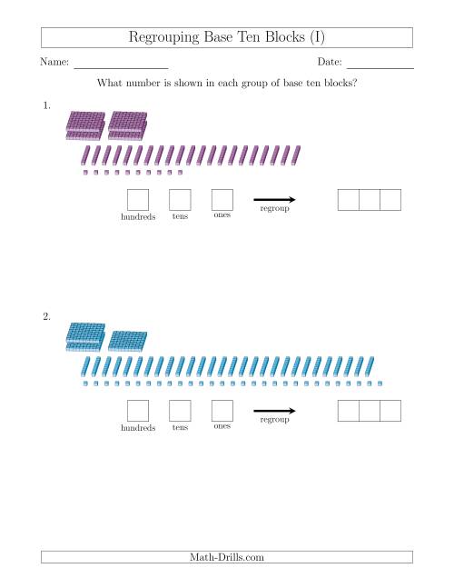 The Representing Numbers with Base Ten Blocks that Require Regrouping (No Thousands) (I) Math Worksheet