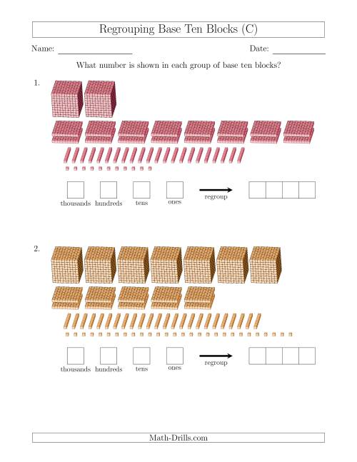 The Representing Numbers with Base Ten Blocks that Require Regrouping (C) Math Worksheet