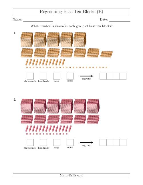 The Representing Numbers with Base Ten Blocks that Require Regrouping (E) Math Worksheet