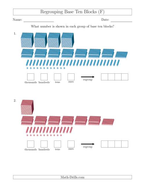 The Representing Numbers with Base Ten Blocks that Require Regrouping (F) Math Worksheet