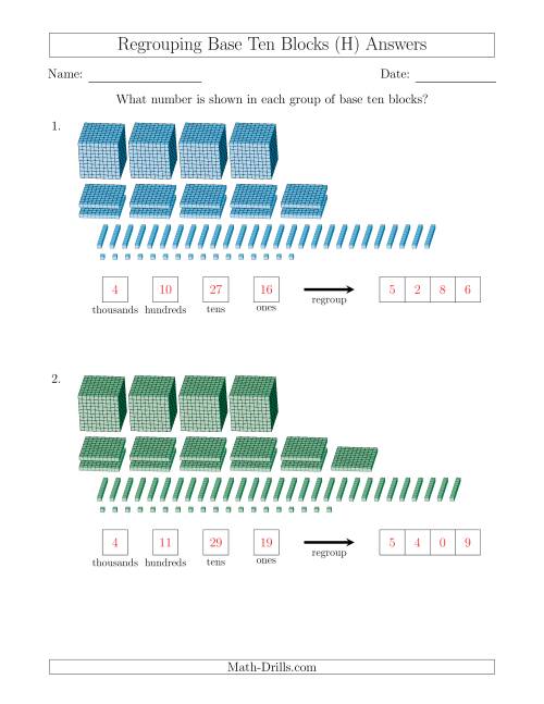 The Representing Numbers with Base Ten Blocks that Require Regrouping (H) Math Worksheet Page 2