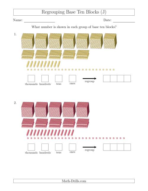 The Representing Numbers with Base Ten Blocks that Require Regrouping (J) Math Worksheet
