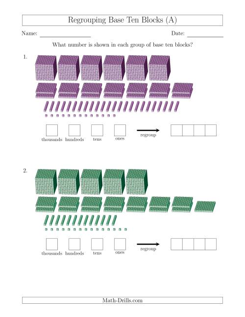 The Representing Numbers with Base Ten Blocks that Require Regrouping (All) Math Worksheet