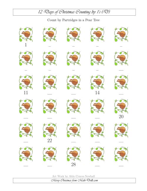 The 12 Days of Christmas Counting by Partridges in a Pear Tree (D) Math Worksheet