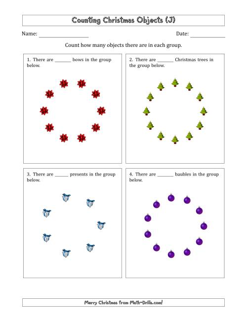 The Counting Christmas Objects in Circular Arrangements (J) Math Worksheet