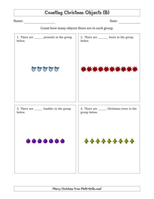 The Counting Christmas Objects in Counting Christmas Objects in Horizontal Linear Arrangements (B) Math Worksheet