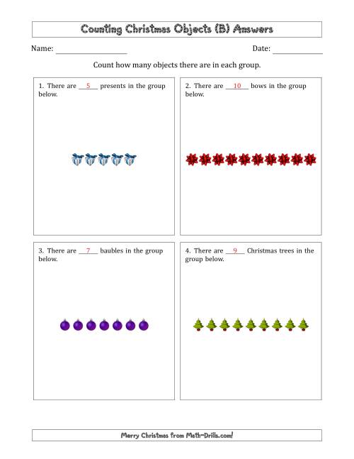 The Counting Christmas Objects in Counting Christmas Objects in Horizontal Linear Arrangements (B) Math Worksheet Page 2