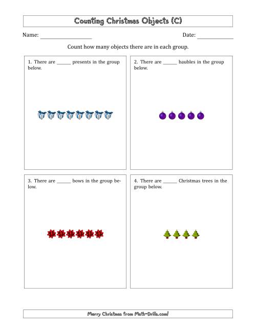 The Counting Christmas Objects in Counting Christmas Objects in Horizontal Linear Arrangements (C) Math Worksheet
