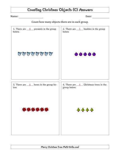 The Counting Christmas Objects in Counting Christmas Objects in Horizontal Linear Arrangements (C) Math Worksheet Page 2