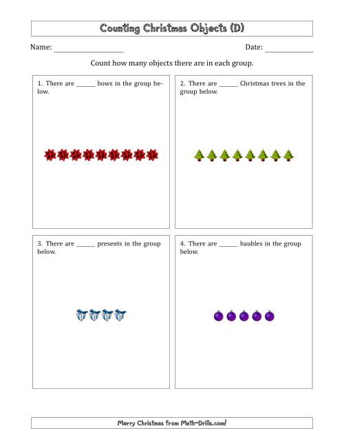 The Counting Christmas Objects in Counting Christmas Objects in Horizontal Linear Arrangements (D) Math Worksheet