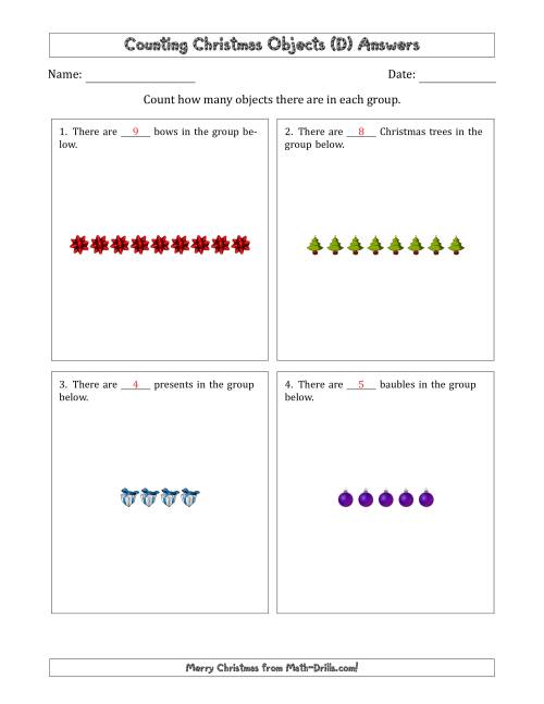 The Counting Christmas Objects in Counting Christmas Objects in Horizontal Linear Arrangements (D) Math Worksheet Page 2