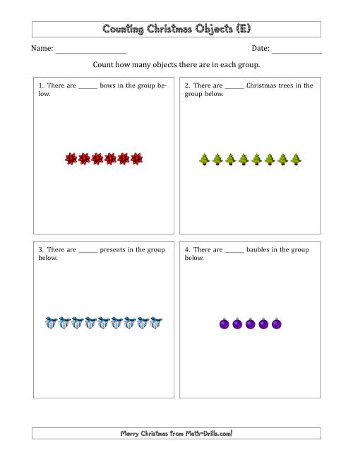 The Counting Christmas Objects in Counting Christmas Objects in Horizontal Linear Arrangements (E) Math Worksheet