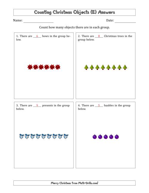 The Counting Christmas Objects in Counting Christmas Objects in Horizontal Linear Arrangements (E) Math Worksheet Page 2