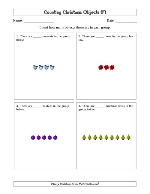 The Counting Christmas Objects in Counting Christmas Objects in Horizontal Linear Arrangements (F) Math Worksheet