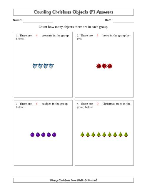 The Counting Christmas Objects in Counting Christmas Objects in Horizontal Linear Arrangements (F) Math Worksheet Page 2
