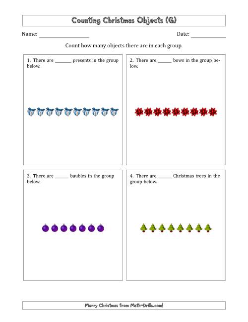 The Counting Christmas Objects in Counting Christmas Objects in Horizontal Linear Arrangements (G) Math Worksheet