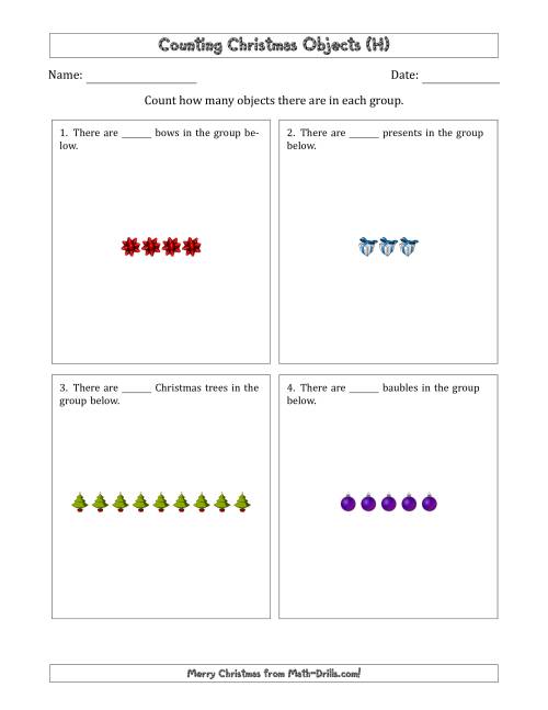 The Counting Christmas Objects in Counting Christmas Objects in Horizontal Linear Arrangements (H) Math Worksheet