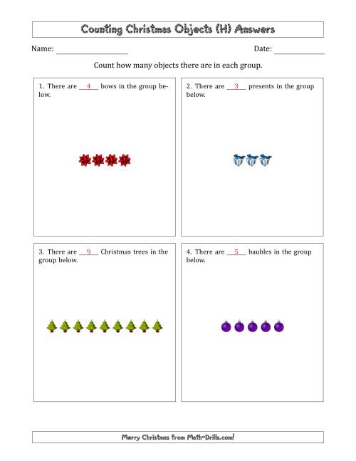 The Counting Christmas Objects in Counting Christmas Objects in Horizontal Linear Arrangements (H) Math Worksheet Page 2