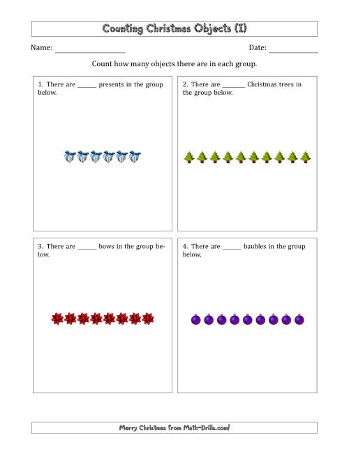 The Counting Christmas Objects in Counting Christmas Objects in Horizontal Linear Arrangements (I) Math Worksheet