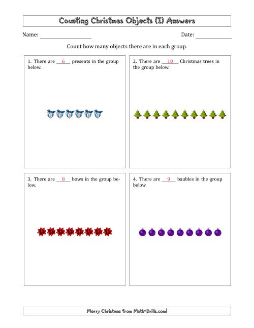 The Counting Christmas Objects in Counting Christmas Objects in Horizontal Linear Arrangements (I) Math Worksheet Page 2