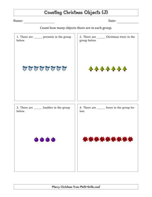 The Counting Christmas Objects in Counting Christmas Objects in Horizontal Linear Arrangements (J) Math Worksheet