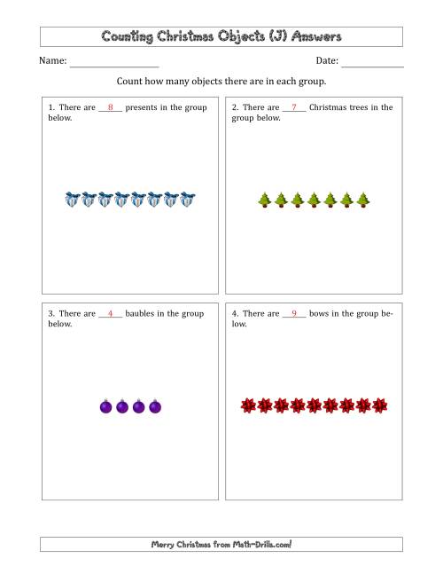 The Counting Christmas Objects in Counting Christmas Objects in Horizontal Linear Arrangements (J) Math Worksheet Page 2