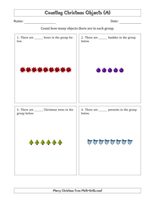 The Counting Christmas Objects in Counting Christmas Objects in Horizontal Linear Arrangements (All) Math Worksheet