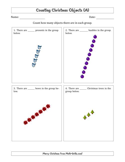 The Counting Christmas Objects in Rotated Linear Arrangements (A) Math Worksheet