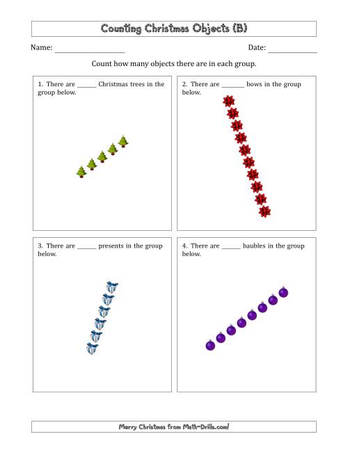 The Counting Christmas Objects in Rotated Linear Arrangements (B) Math Worksheet