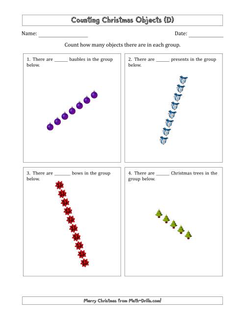 The Counting Christmas Objects in Rotated Linear Arrangements (D) Math Worksheet