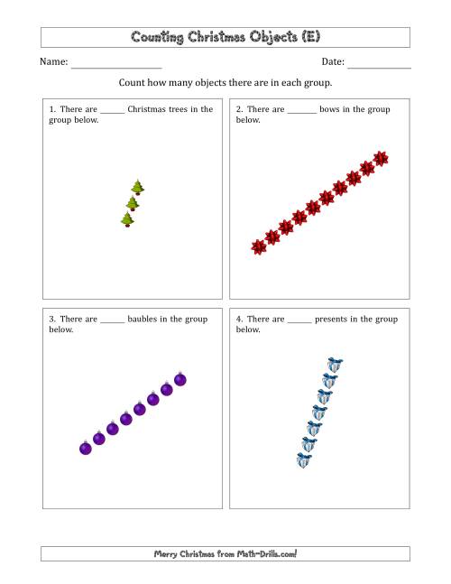 The Counting Christmas Objects in Rotated Linear Arrangements (E) Math Worksheet