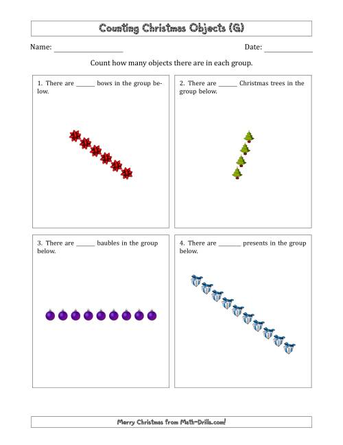 The Counting Christmas Objects in Rotated Linear Arrangements (G) Math Worksheet