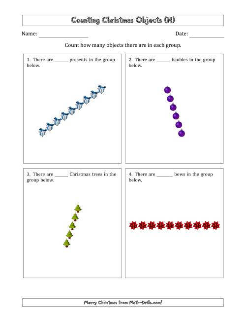 The Counting Christmas Objects in Rotated Linear Arrangements (H) Math Worksheet