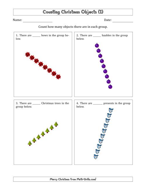 The Counting Christmas Objects in Rotated Linear Arrangements (I) Math Worksheet