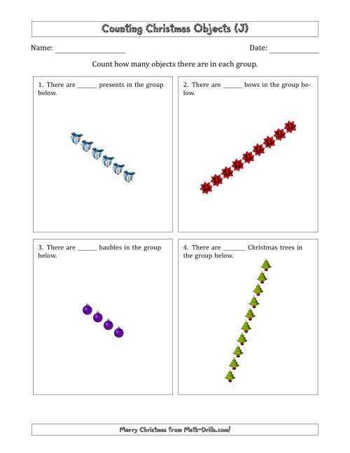 The Counting Christmas Objects in Rotated Linear Arrangements (J) Math Worksheet