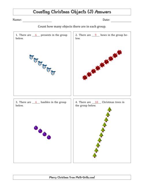 The Counting Christmas Objects in Rotated Linear Arrangements (J) Math Worksheet Page 2
